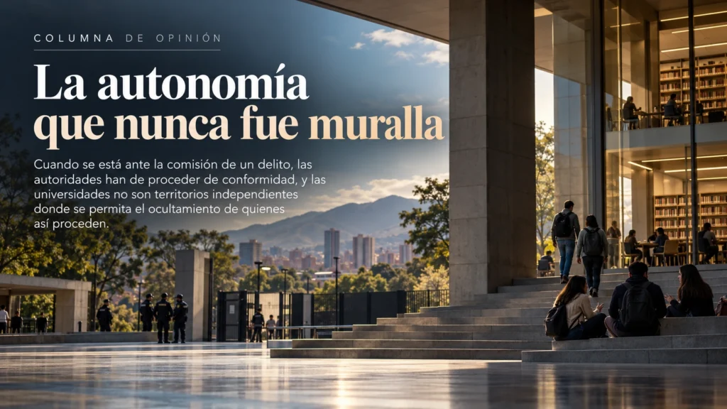 Campus universitario moderno con estudiantes y presencia de la Fuerza Pública en sus accesos, imagen que representa el debate sobre la autonomía universitaria en Colombia y los límites de la intervención policial.